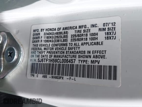 ✅ 2012 Honda Crosstour EX-L • VIN: 5J6TF1H59CL006457 • Lot: 42832324. Listed on IAAI with 106,797 mi. Free auction sales archive from the USA and detailed vehicle history report at DreamBid. Image 9.