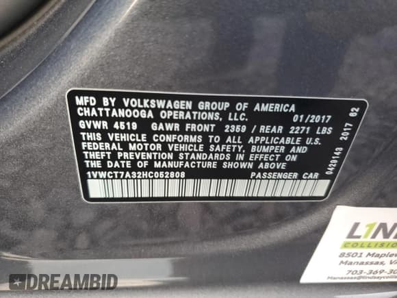 ✅ 2017 Volkswagen Passat SEL Premium • VIN: 1VWCT7A32HC052808 • Lot: 59394375. Listed on Copart with 90,123 mi. Free auction sales archive from the USA and detailed vehicle history report at DreamBid. Image 13.