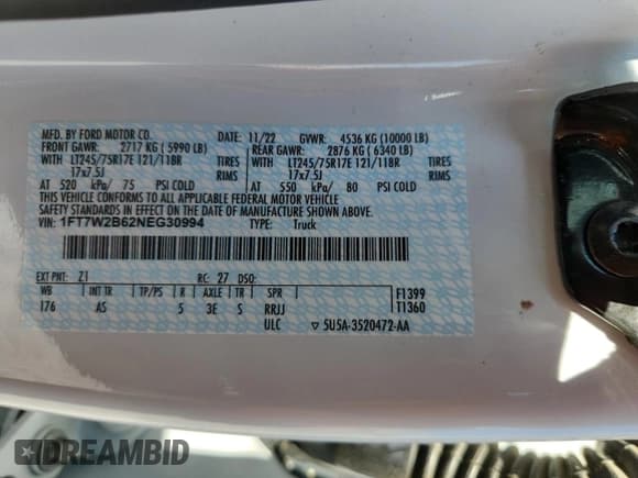 ✅ 2022 Ford F-250 XL • VIN: 1FT7W2B62NEG30994 • Lot: 66441025. Listed on Copart with 80,672 mi. Free auction sales archive from the USA and detailed vehicle history report at DreamBid. Image 12.