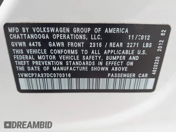 ✅ 2013 Volkswagen Passat SEL • VIN: 1VWCP7A37DC070316 • Lot: 42920334. Listed on IAAI with 211,425 mi. Free auction sales archive from the USA and detailed vehicle history report at DreamBid. Image 9.