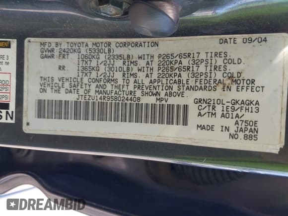 ✅ 2005 Toyota 4Runner SR5 • VIN: JTEZU14R958024408 • Lot: 42747995. Wystawiony na IAAI z przebiegiem 197 891 mil. Bezpłatny archiwum sprzedaży aukcyjnych z USA i szczegółowy raport historii pojazdu na DreamBid. Zdjęcie 9.