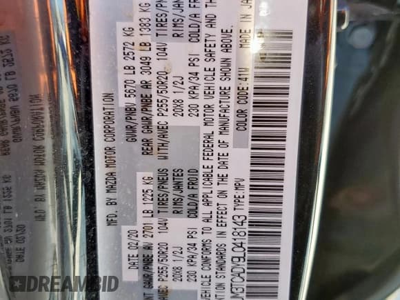 ✅ 2020 Mazda CX-9 Grand Touring • VIN: JM3TCADY9L0418143 • Lot: 92154135. Listed on Copart with 34,444 mi. Free auction sales archive from the USA and detailed vehicle history report at DreamBid. Image 12.