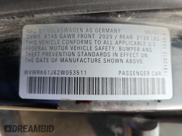 ✅ 2002 Volkswagen Jetta GL • VIN: WVWRK61J82W053511 • Lot: 92180235. Listed on Copart with 337,027 mi. Free auction sales archive from the USA and detailed vehicle history report at DreamBid. Image 12.