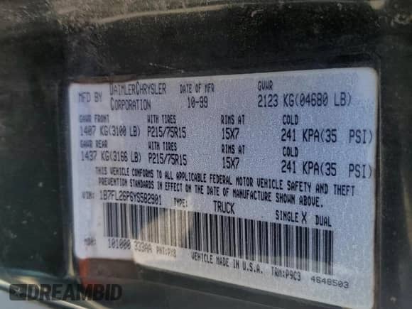 2000 Dodge Dakota z VIN 1B7FL26P6YS582901, wystawiony jako Copart lot #49786315 z przebiegiem 165 727 mil mil oraz Szkoda całkowita • Salvage title. Historia ofert i sprzedaży dostępna na DreamBid. Obrazek 14.