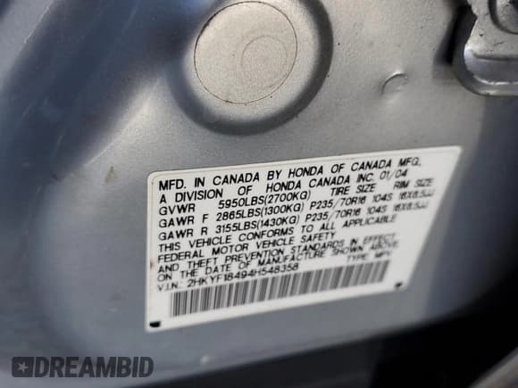 ✅ 2004 Honda Pilot EX • VIN: 2HKYF18494H548358 • Lot: 89662555. Listed on Copart with Not provided. Free auction sales archive from the USA and detailed vehicle history report at DreamBid. Image 13.