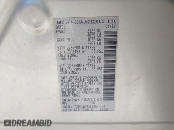 ✅ 2017 Nissan Rogue SL • VIN: 5N1AT2MVXHC881132 • Lot: 42536305. Listed on IAAI with Not provided. Free auction sales archive from the USA and detailed vehicle history report at DreamBid. Image 9.