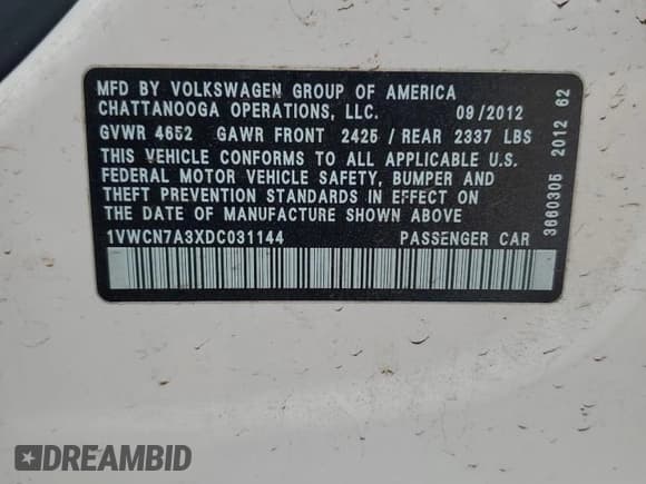 ✅ 2013 Volkswagen Passat SEL Premium • VIN: 1VWCN7A3XDC031144 • Лот: 93717075. Опубликован ранее на Copart с пробегом 151 671 миль. Бесплатный доступ к архиву аукционных продаж из США и подробный отчёт об истории автомобиля на DreamBid. Изображение 12.