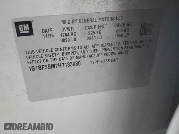 ✅ 2017 Chevrolet Cruze Premier • VIN: 1G1BF5SM7H7183980 • Lot: 71256005. Listed on Copart with 52,071 mi. Free auction sales archive from the USA and detailed vehicle history report at DreamBid. Image 12.