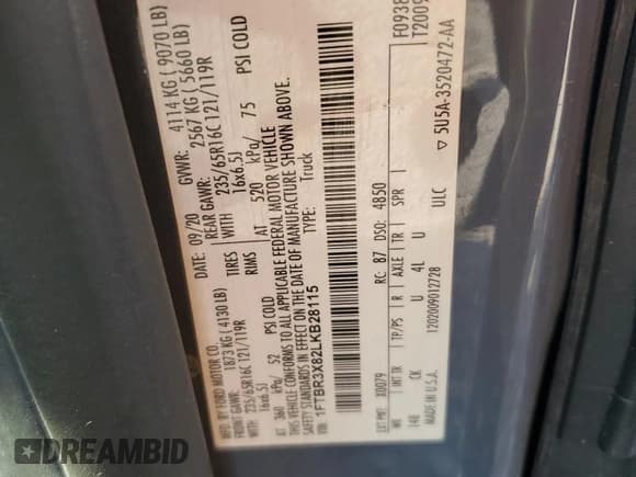 ✅ 2020 Ford Transit Cargo • VIN: 1FTBR3X82LKB28115 • Lot: 80460395. Listed on Copart with Not provided. Free auction sales archive from the USA and detailed vehicle history report at DreamBid. Image 12.