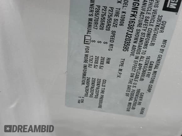 ✅ 2007 Chevrolet Suburban LT • VIN: 1GNFK16387J203595 • Lot: 68839895. Wystawiony na Copart z przebiegiem Nie podano. Bezpłatny archiwum sprzedaży aukcyjnych z USA i szczegółowy raport historii pojazdu na DreamBid. Zdjęcie 13.