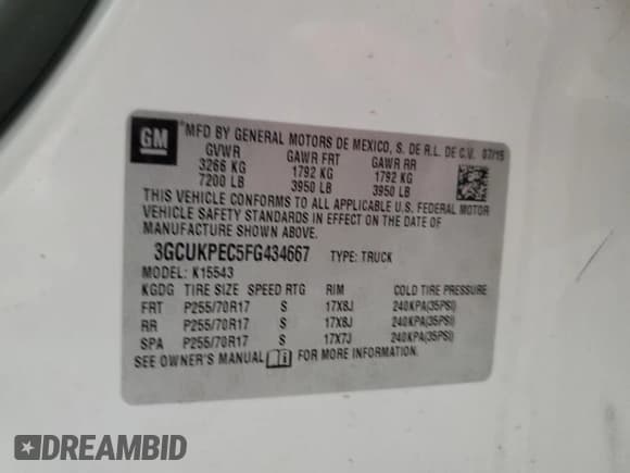 ✅ 2015 Chevrolet Silverado 1500 Work Truck • VIN: 3GCUKPEC5FG434667 • Lot: 88781435. Listed on Copart with 145,828 mi. Free auction sales archive from the USA and detailed vehicle history report at DreamBid. Image 12.