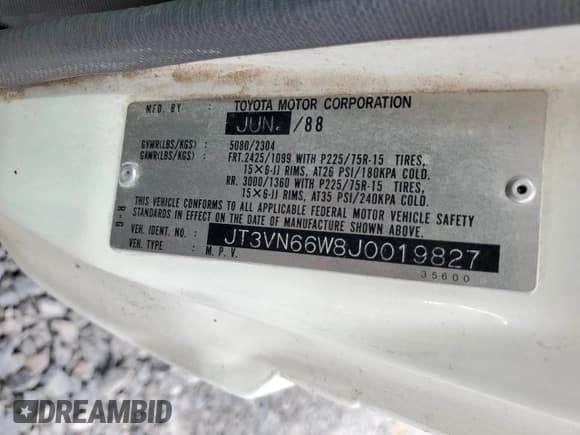 ✅ 1988 Toyota 4Runner • VIN: JT3VN66W8J0019827 • Лот: 82001395. Опубликован ранее на Copart с пробегом 244 743 миль. Бесплатный доступ к архиву аукционных продаж из США и подробный отчёт об истории автомобиля на DreamBid. Изображение 13.