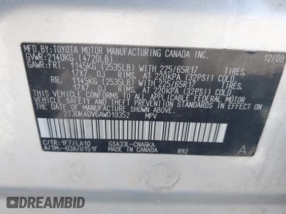 ✅ 2010 Toyota RAV4 Limited • VIN: 2T3DK4DV6AW019352 • Лот: 43592917. Опубликован ранее на IAAI с пробегом 194 121 миль. Бесплатный доступ к архиву аукционных продаж из США и подробный отчёт об истории автомобиля на DreamBid. Изображение 9.