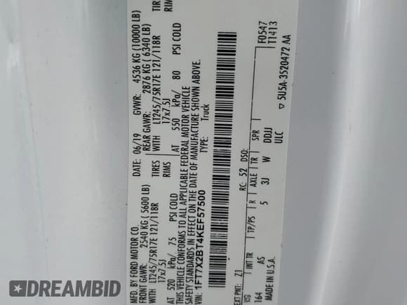 ✅ 2019 Ford F-250 XL • VIN: 1FT7X2BT4KEF57500 • Lot: 63165424. Listed on Copart with Not provided. Free auction sales archive from the USA and detailed vehicle history report at DreamBid. Image 12.