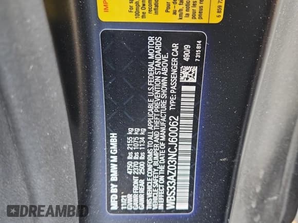 ✅ 2022 BMW M4 Competition • VIN: WBS33AZ03NCJ60062 • Lot: 64850285. Listed on Copart with Not provided. Free auction sales archive from the USA and detailed vehicle history report at DreamBid. Image 12.