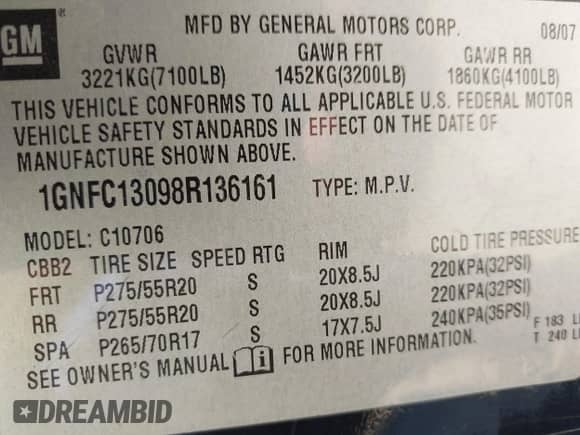 2008 Chevrolet Tahoe 2LT with VIN 1GNFC13098R136161, listed as a IAAI auction lot 42250146 with 328,795 mi miles and . Bid and sale history available at DreamBid. Image 9.