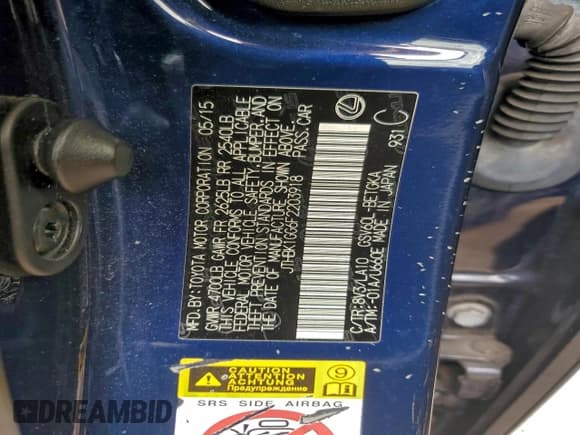 ✅ 2015 Lexus ES 330 • VIN: JTHBK1GG6F2203918 • Lot: 94667645. Listed on Copart with 180,534 mi. Free auction sales archive from the USA and detailed vehicle history report at DreamBid. Image 12.