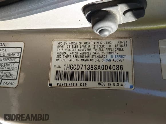 ✅ 1995 Honda Accord LX • VIN: 1HGCD7138SA004086 • Lot: 43642052. Wystawiony na IAAI z przebiegiem 279 953 mil. Bezpłatny archiwum sprzedaży aukcyjnych z USA i szczegółowy raport historii pojazdu na DreamBid. Zdjęcie 9.