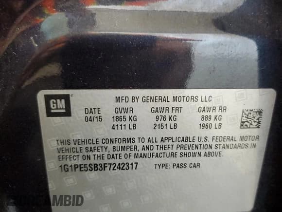 ✅ 2015 Chevrolet Cruze LT • VIN: 1G1PE5SB3F7242317 • Lot: 84747505. Listed on Copart with 118,864 mi. Free auction sales archive from the USA and detailed vehicle history report at DreamBid. Image 12.