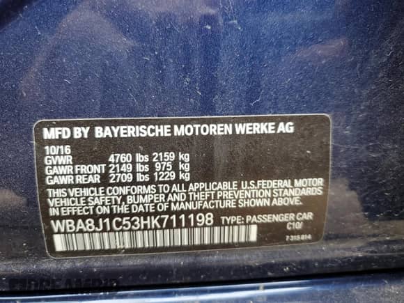 2017 BMW 3 Series 328d xDrive с VIN WBA8J1C53HK711198, выставлен на аукционе Copart как лот 53267684 с пробегом 52 613 миль миль и Списание • Salvage title. История ставок и продаж доступна на DreamBid. Изображение 12.