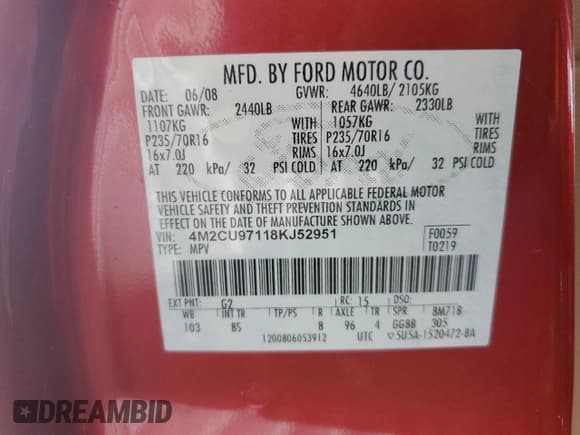 ✅ 2008 Mercury Mariner Premier • VIN: 4M2CU97118KJ52951 • Lot: 61640225. Listed on Copart with 186,109 mi. Free auction sales archive from the USA and detailed vehicle history report at DreamBid. Image 14.