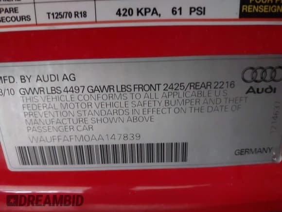 ✅ 2010 Audi A3 • VIN: WAUFFAFM0AA147839 • Lot: 41250276. Listed on IAAI with Not provided. Free auction sales archive from the USA and detailed vehicle history report at DreamBid. Image 9.