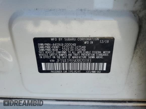 ✅ 2019 Subaru WRX Limited • VIN: JF1VA1P65K8820183 • Lot: 82566025. Listed on Copart with Not provided. Free auction sales archive from the USA and detailed vehicle history report at DreamBid. Image 12.