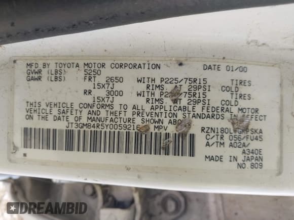 ✅ 2000 Toyota 4Runner • VIN: JT3GM84R5Y0059216 • Лот: 43342833. Опубликован ранее на IAAI с пробегом 211 148 миль. Бесплатный доступ к архиву аукционных продаж из США и подробный отчёт об истории автомобиля на DreamBid. Изображение 9.