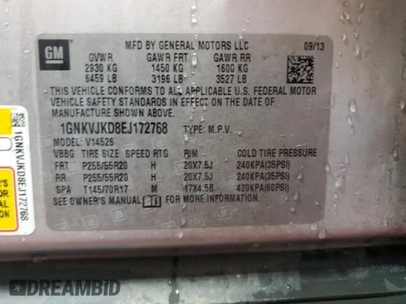 ✅ 2014 Chevrolet Traverse LTZ • VIN: 1GNKVJKD8EJ172768 • Лот: 92171255. Опубликован ранее на Copart с пробегом 136 882 миль. Бесплатный доступ к архиву аукционных продаж из США и подробный отчёт об истории автомобиля на DreamBid. Изображение 13.