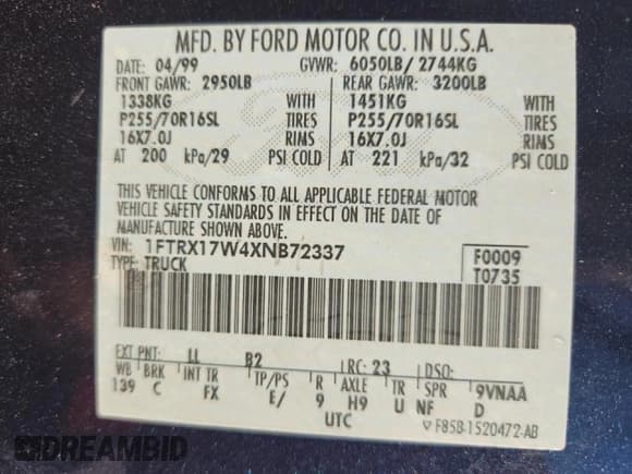 ✅ 1999 Ford F-150 • VIN: 1FTRX17W4XNB72337 • Lot: 86766575. Listed on Copart with 183,712 mi. Free auction sales archive from the USA and detailed vehicle history report at DreamBid. Image 12.