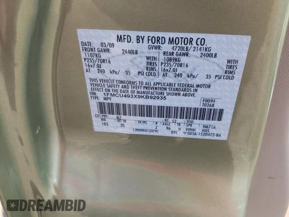 ✅ 2009 Ford Escape Hybrid • VIN: 1FMCU493X9KB92935 • Lot: 47422465. Listed on Copart with 130,226 mi. Free auction sales archive from the USA and detailed vehicle history report at DreamBid. Image 13.