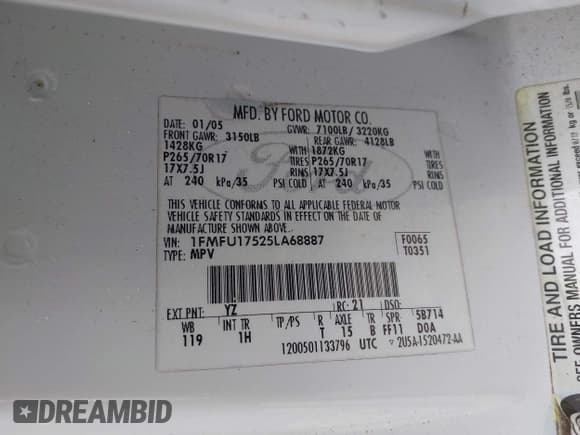 ✅ 2005 Ford Expedition Eddie Bauer • VIN: 1FMFU17525LA68887 • Lot: 41882254. Listed on IAAI with 207,010 mi. Free auction sales archive from the USA and detailed vehicle history report at DreamBid. Image 9.