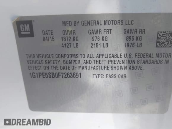 ✅ 2015 Chevrolet Cruze LT • VIN: 1G1PE5SB0F7263691 • Лот: 43569578. Опубликован ранее на IAAI с пробегом 84 985 миль. Бесплатный доступ к архиву аукционных продаж из США и подробный отчёт об истории автомобиля на DreamBid. Изображение 9.