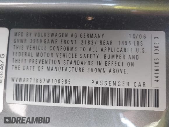 ✅ 2007 Volkswagen Rabbit • VIN: WVWAR71K67W100985 • Лот: 42407896. Опубликован ранее на IAAI с пробегом 228 704 миль. Бесплатный доступ к архиву аукционных продаж из США и подробный отчёт об истории автомобиля на DreamBid. Изображение 9.