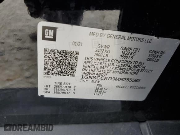 ✅ 2021 Chevrolet Suburban LT • VIN: 1GNSCCKD9MR255580 • Lot: 59134205. Listed on Copart with 131,508 mi. Free auction sales archive from the USA and detailed vehicle history report at DreamBid. Image 13.