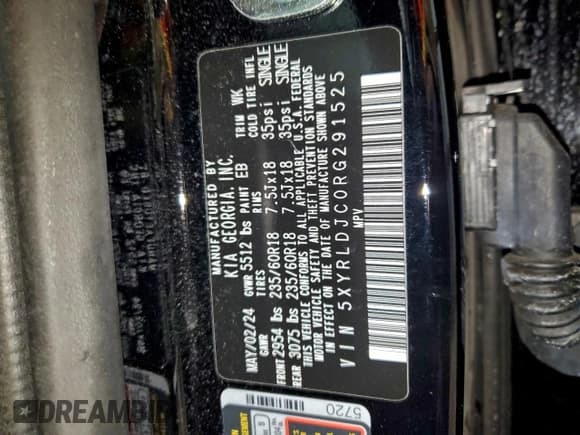 ✅ 2024 Kia Sorento S • VIN: 5XYRLDJC0RG291525 • Lot: 96820845. Listed on Copart with 34,213 mi. Free auction sales archive from the USA and detailed vehicle history report at DreamBid. Image 13.