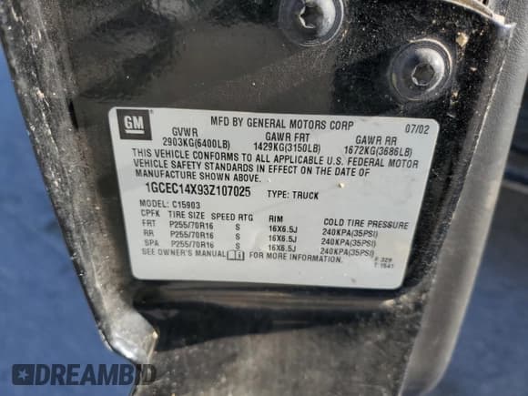 ✅ 2003 Chevrolet Silverado 1500 LS • VIN: 1GCEC14X93Z107025 • Lot: 91742105. Listed on Copart with 128,390 mi. Free auction sales archive from the USA and detailed vehicle history report at DreamBid. Image 12.