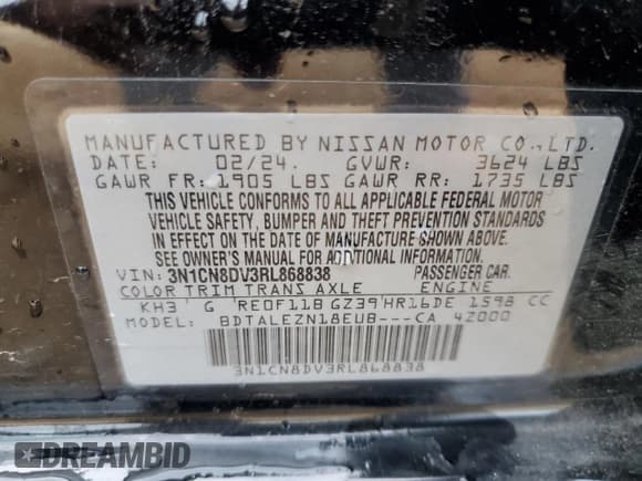 ✅ 2024 Nissan Versa S • VIN: 3N1CN8DV3RL868838 • Lot: 66562925. Wystawiony na Copart z przebiegiem 56 327 mil. Bezpłatny archiwum sprzedaży aukcyjnych z USA i szczegółowy raport historii pojazdu na DreamBid. Zdjęcie 13.