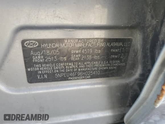 2006 Hyundai Sonata GLS с VIN 5NPEU46F96H025410, выставлен на аукционе Copart как лот 71557284 с пробегом 122 710 миль миль и Списание • Salvage title. История ставок и продаж доступна на DreamBid. Изображение 12.