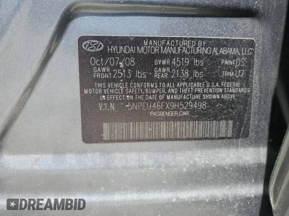 2009 Hyundai Sonata SE with VIN 5NPEU46FX9H529498, listed as a Copart auction lot 50940174 with Not provided miles and Salvage title. Bid and sale history available at DreamBid. Image 14.