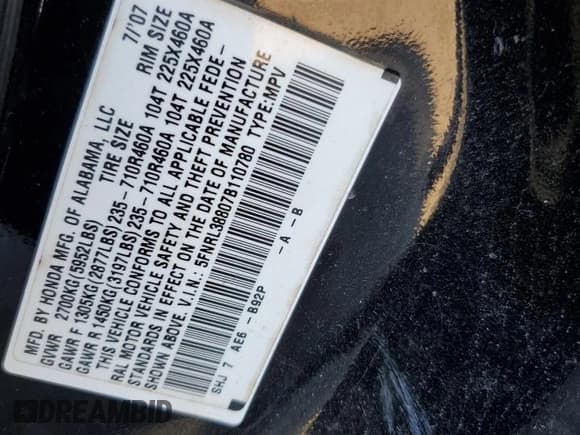 ✅ 2007 Honda Odyssey Touring • VIN: 5FNRL38807B110780 • Lot: 81973585. Listed on Copart with 220,665 mi. Free auction sales archive from the USA and detailed vehicle history report at DreamBid. Image 13.