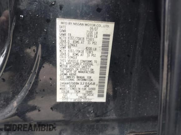 ✅ 2008 Nissan Titan SE • VIN: 1N6AA07D08N328668 • Lot: 43787388. Listed on IAAI with 128,283 mi. Free auction sales archive from the USA and detailed vehicle history report at DreamBid. Image 9.