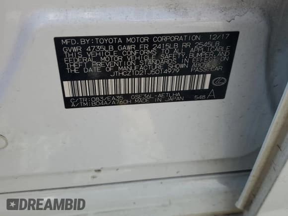 ✅ 2018 Lexus IS 350 • VIN: JTHCZ1D21J5014979 • Lot: 52354555. Listed on Copart with 120,707 mi. Free auction sales archive from the USA and detailed vehicle history report at DreamBid. Image 12.