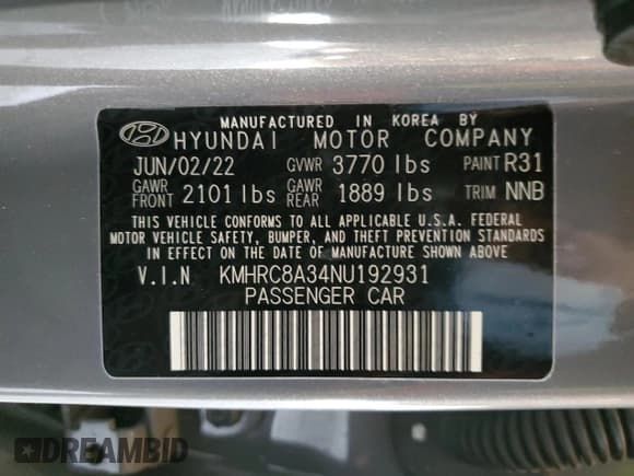 ✅ 2022 Hyundai Venue Limited • VIN: KMHRC8A34NU192931 • Lot: 88762355. Listed on Copart with 34,464 mi. Free auction sales archive from the USA and detailed vehicle history report at DreamBid. Image 13.