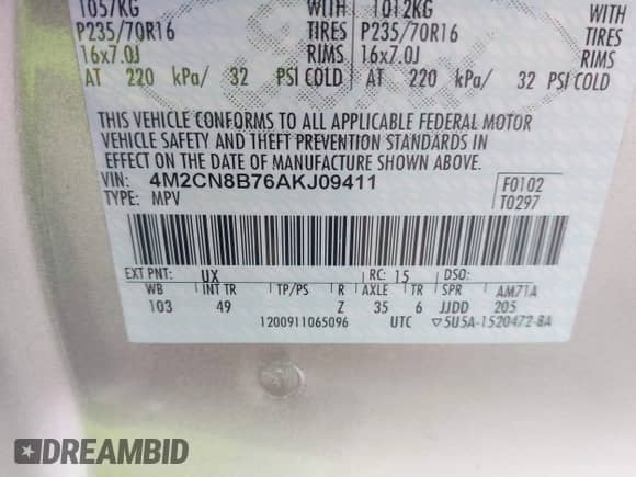 2010 Mercury Mariner with VIN 4M2CN8B76AKJ09411, listed as a IAAI auction lot 42386510 with 113,126 mi miles and . Bid and sale history available at DreamBid. Image 9.
