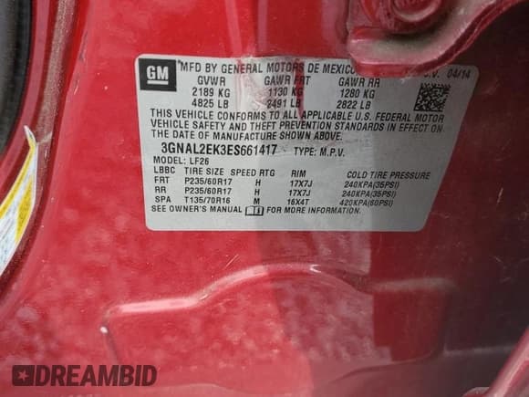 ✅ 2014 Chevrolet Captiva Sport LS • VIN: 3GNAL2EK3ES661417 • Lot: 51575485. Wystawiony na Copart z przebiegiem 59 905 mil. Bezpłatny archiwum sprzedaży aukcyjnych z USA i szczegółowy raport historii pojazdu na DreamBid. Zdjęcie 14.