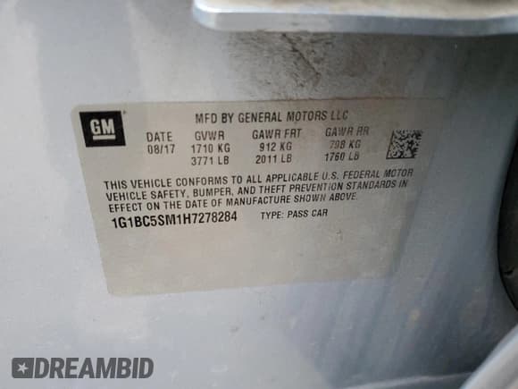 ✅ 2017 Chevrolet Cruze LS • VIN: 1G1BC5SM1H7278284 • Лот: 69682272. Опубликован ранее на Copart с пробегом 95 730 миль. Бесплатный доступ к архиву аукционных продаж из США и подробный отчёт об истории автомобиля на DreamBid. Изображение 12.