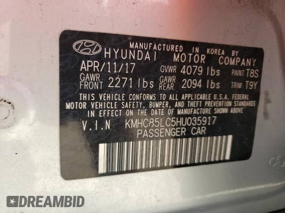 2017 Hyundai Ioniq Limited z VIN KMHC85LC5HU035917, wystawiony jako Copart lot #68335844 z przebiegiem 134 831 mil mil oraz Nie do naprawy • Non repairable. Historia ofert i sprzedaży dostępna na DreamBid. Obrazek 12.