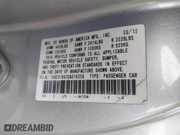 ✅ 2012 Honda Accord EX-L • VIN: 1HGCS1B87CA016308 • Lot: 42885977. Listed on IAAI with 215,602 mi. Free auction sales archive from the USA and detailed vehicle history report at DreamBid. Image 9.