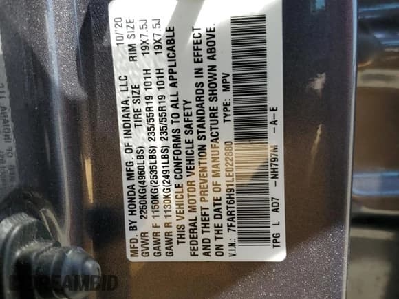 ✅ 2020 Honda CR-V Touring • VIN: 7FART6H91LE022880 • Lot: 55529035. Listed on Copart with 41,238 mi. Free auction sales archive from the USA and detailed vehicle history report at DreamBid. Image 13.